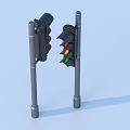 Two Traffic Lights Including Black And Red Yellow Green Lit Ones On Light Blue Background