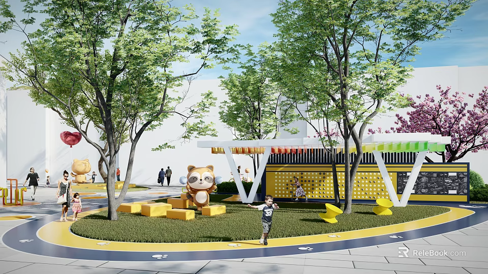 Fun Kids Play Area With Green Trees Raccoon Figure Yellow Structures And Kids Playing 3d model 