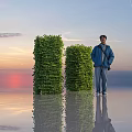 Green Leafy Shrubs With Person Standing Nearby At Sunset With Ground Reflection