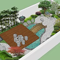 Garden Landscape Design With Wooden Deck Stone Seats Bamboo Red Maple And Small Pond