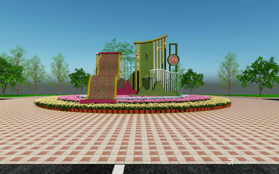 Garden Ornament With Green Yellow Structure Circular Flower Bed Red Brick Pavement And Trees 3d model 