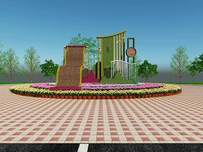 Garden Ornament With Green Yellow Structure Circular Flower Bed Red Brick Pavement And Trees 3d model
