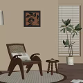 Cozy Living Room Interior With Wicker Chair Floor Lamp Decorative Painting Blinds And Plant