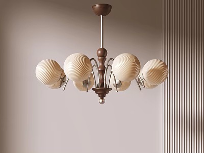 Elegant Modern Chandelier With Beige Striped Globe Lampshades And Wooden Frame 3d model