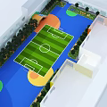 Green Football Field In Children's Activity Area With Colorful Ground Trees And Slide Near Buildings