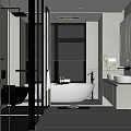 Modern Bathroom Interior Design With Glass Shower Freestanding Bathtub Double Vanity And Round Mirrors