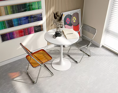Round White Table with Two Orange Gray Transparent Chairs Metal Legs Interior with Vase Books 3d model