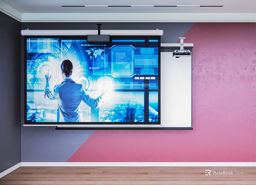 Interactive Projection Monitoring Setup With Large Screen Display And Person In Suit Near Whiteboard 3d model 
