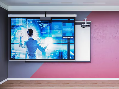 Interactive Projection Monitoring Setup With Large Screen Display And Person In Suit Near Whiteboard 3d model