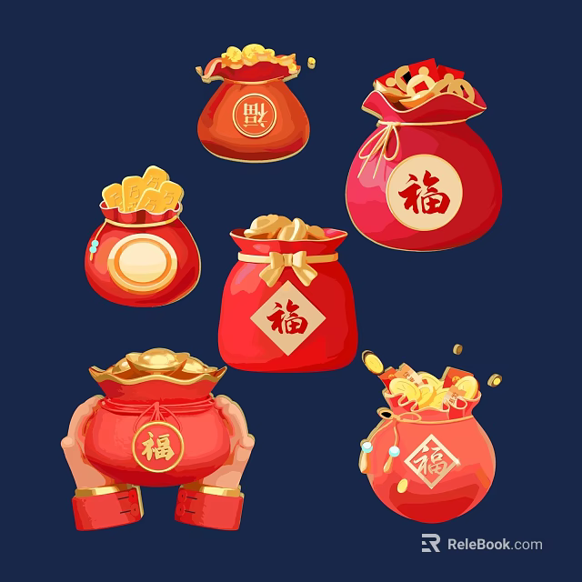 Traditional Chinese Lucky Red Bags Filled With Gold Ingots And Fortune Characters 3d model 