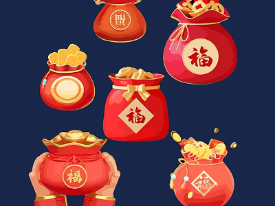 Traditional Chinese Lucky Red Bags Filled With Gold Ingots And Fortune Characters 3d model