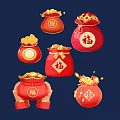 Traditional Chinese Lucky Red Bags Filled With Gold Ingots And Fortune Characters