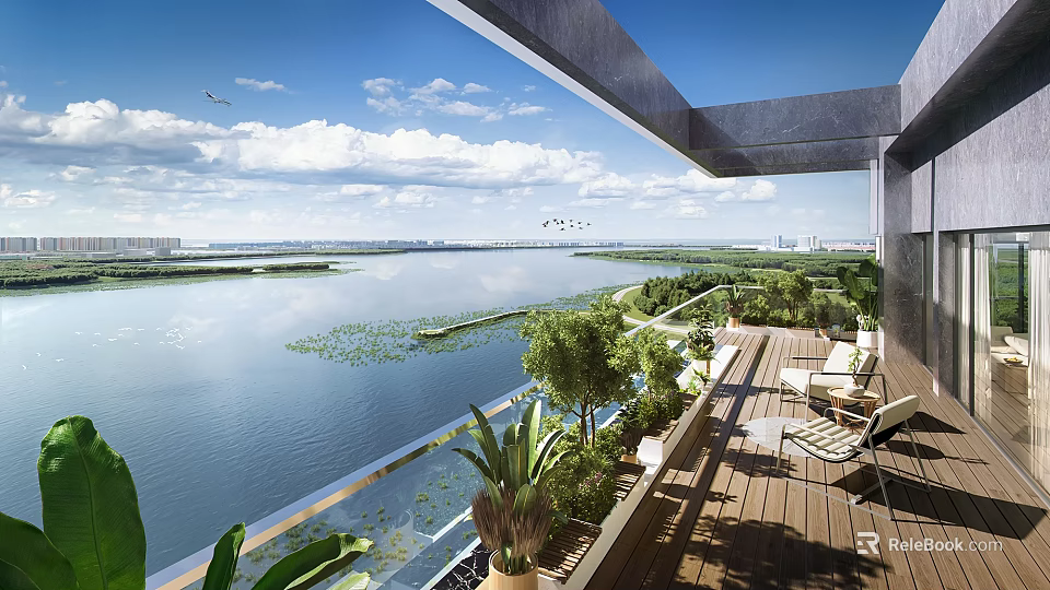 Residential Landscape Featuring Balcony Wooden Deck Outdoor Chairs Green Plants River View Open Sky Birds 3d model 