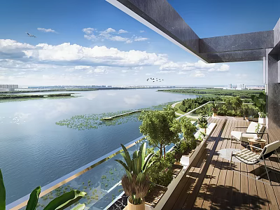 Residential Landscape Featuring Balcony Wooden Deck Outdoor Chairs Green Plants River View Open Sky Birds 3d model