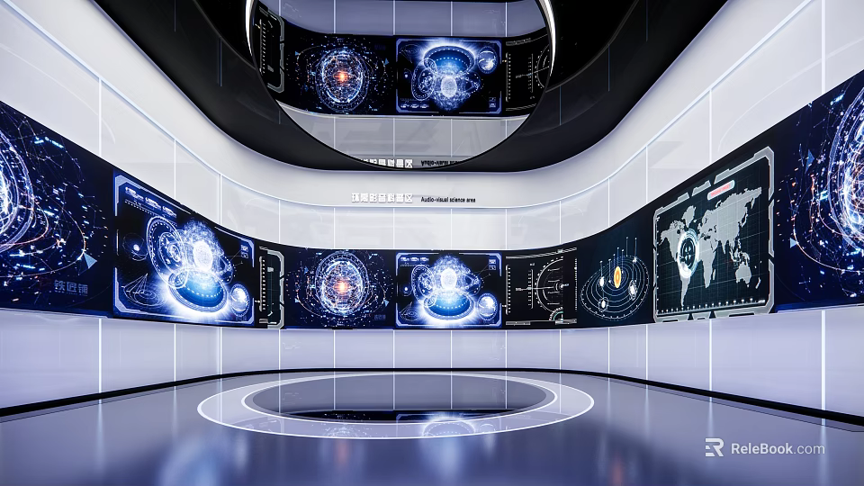 Futuristic Exhibition Hall With Large Screens Data Visualization World Map And Circular Design 3d model 