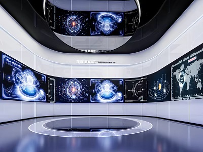 Futuristic Exhibition Hall With Large Screens Data Visualization World Map And Circular Design 3d model