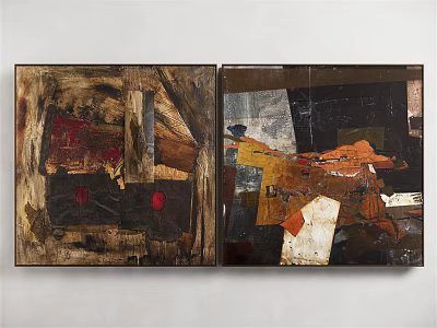 Modern Abstract Two Panel Wall Art With Brown Black Red Orange Textured Design 3d model