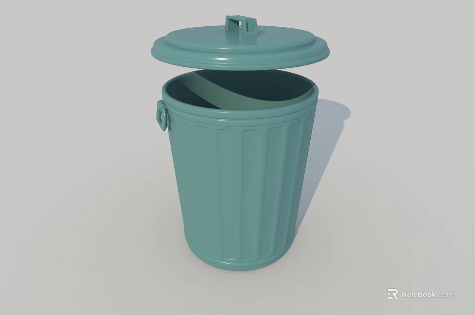 Teal Plastic Trash Can With Lid Ribbed Design And Side Handle 3d model 