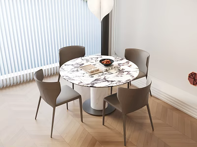 Modern Dining Table Set with Round Marble Top Four Grey Chairs Herringbone Wood Floor 3d model