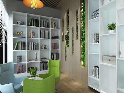 Cozy Lounge Area With White Bookshelves Numerous Books Green Plant Wall And Colorful Chairs 3d model