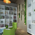 Cozy Lounge Area With White Bookshelves Numerous Books Green Plant Wall And Colorful Chairs