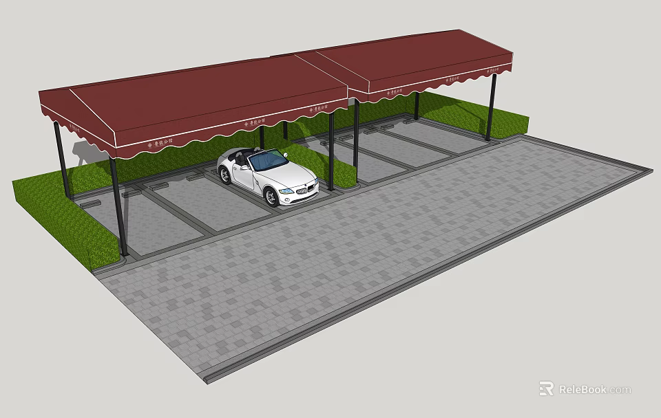 Red Carport Awning For Parking Space With White Car Green Lawn And Grey Paved Ground 3d model 
