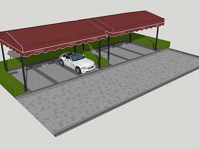 Red Carport Awning For Parking Space With White Car Green Lawn And Grey Paved Ground 3d model