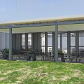 Outdoor Leisure Area With Canopy Tables Chairs Green Plants Paved Floor And Grass
