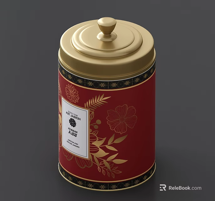 Red Decorative Storage Jar With Gold Lid And Floral Pattern Design 3d model 