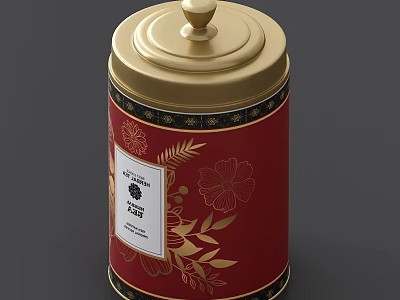 Red Decorative Storage Jar With Gold Lid And Floral Pattern Design 3d model