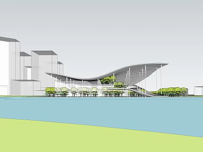 Modern Library Building Architectural Design With Curved Roof Waterfront Greenery And Steps 3d model