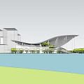 Modern Library Building Architectural Design With Curved Roof Waterfront Greenery And Steps