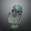 Green Bust Sculpture with Crown of Thorns Long Hair Bowed Head on Circular Pedestal