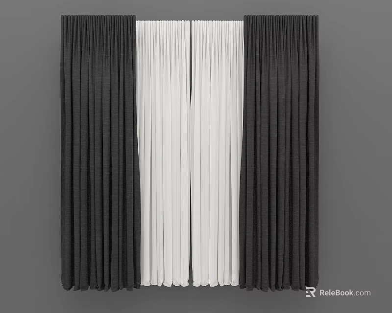 Black And White Window Curtains With Elegant Drapes Design For Home Decor 3d model 