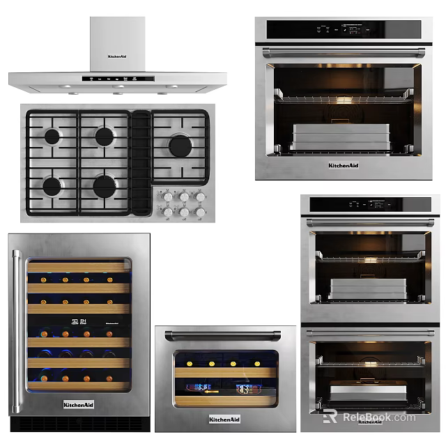 Modern Stainless Steel Kitchen Appliances With Range Hood Gas Stove Oven And Wine Cooler 3d model 
