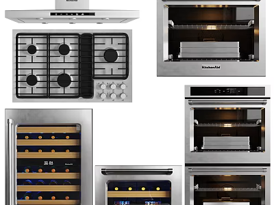 Modern Stainless Steel Kitchen Appliances With Range Hood Gas Stove Oven And Wine Cooler 3d model