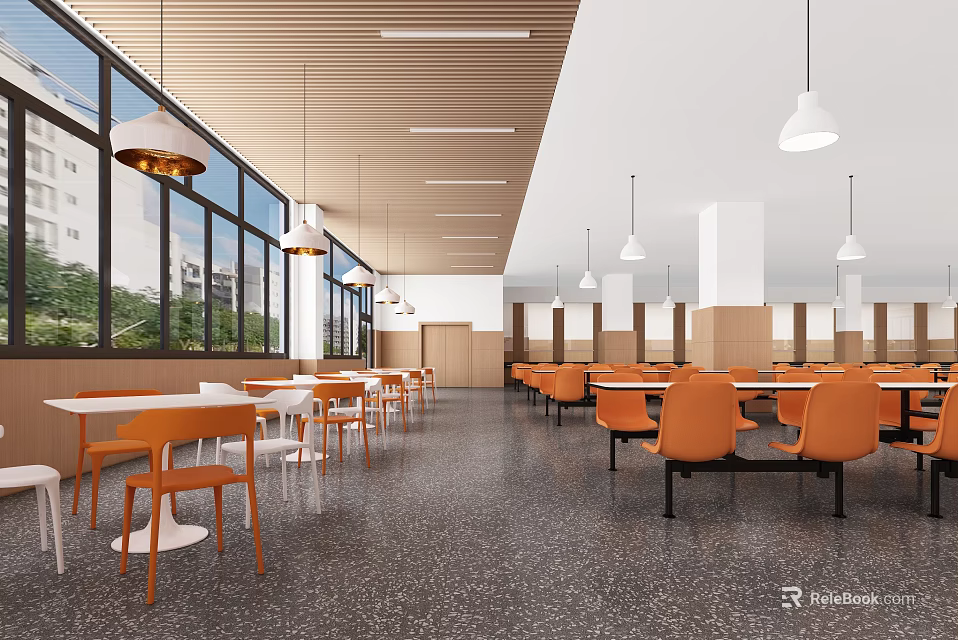 Cafeteria Interior With Orange Chairs White Tables Large Windows And Wooden Ceiling 3d model