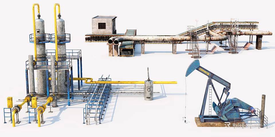 Industrial Equipment Featuring Oil Pump Pipeline Towers Conveyor Belts And Storage Tanks 3d model 