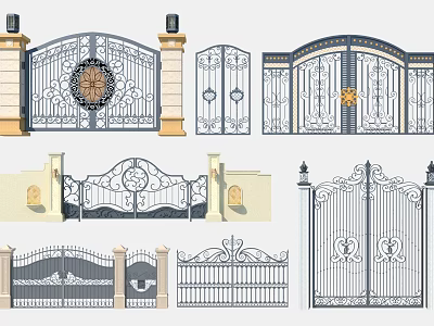 Wrought Iron Entrance Gates With Ornate Designs Decorative Patterns And Pillars 3d model