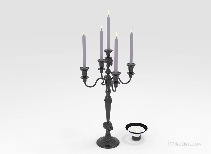 Black Metal Candelabra With Five Purple Candles And Decorative Base 3d model 