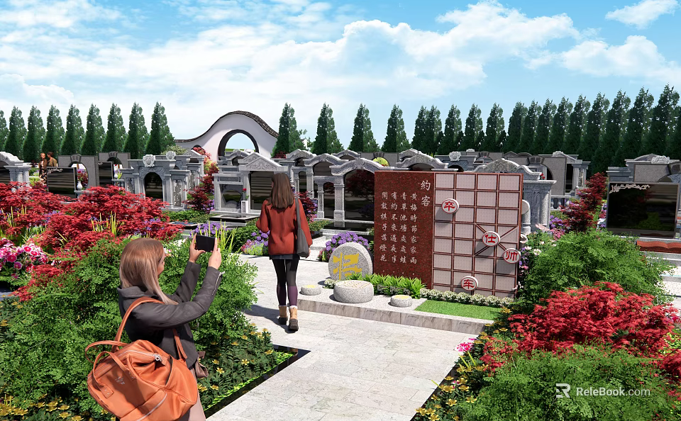 Cemetery Scene With Visitors Taking Photos Walking Path Tombstones Red Flowers And Green Trees 3d model 