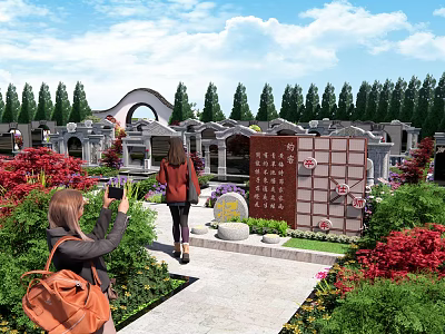 Cemetery Scene With Visitors Taking Photos Walking Path Tombstones Red Flowers And Green Trees 3d model