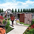 Cemetery Scene With Visitors Taking Photos Walking Path Tombstones Red Flowers And Green Trees