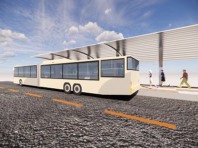 White Bus Parked At Covered Bus Stop With People Walking Nearby On Road 3d model