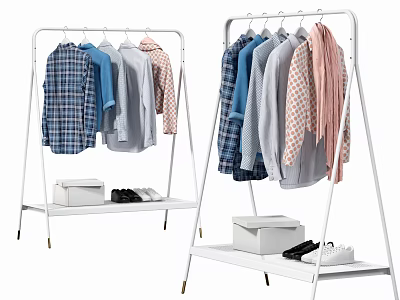 White Clothing Racks With Hanging Shirts Storage Boxes And Shoes 3d model