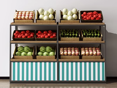 Retail Display Shelf With Multiple Layers Blue White Striped Base Holding Fresh Fruits Vegetables 3d model