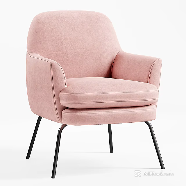 Pink Velvet Single Sofa With Armrest And Black Metal Legs Design 3d model 