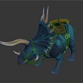 Blue Horned Spiked Back Creature With Saddle And Rolled Blanket As Riding Mount For Adventurers