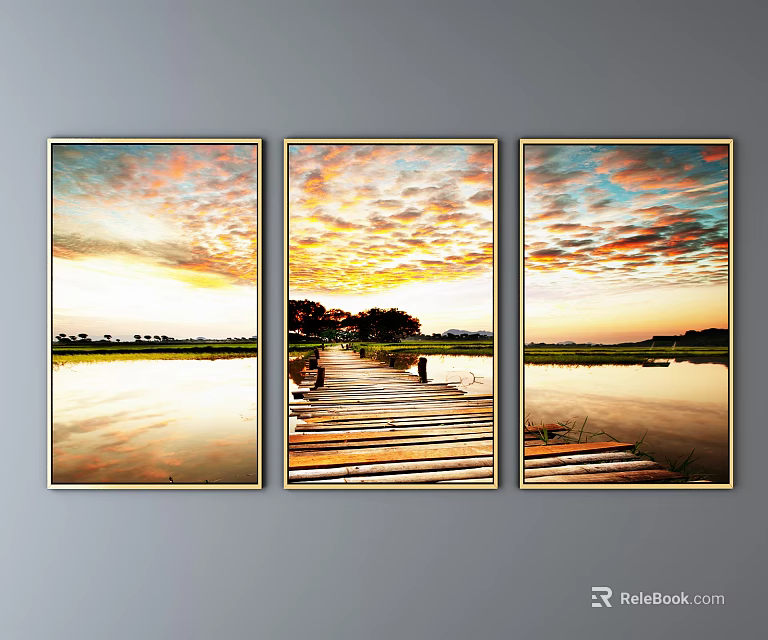 Scenic Sunset Landscape Painting With Colorful Clouds Water Surface And Wooden Boardwalk 3d model 
