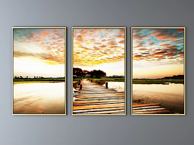 Scenic Sunset Landscape Painting With Colorful Clouds Water Surface And Wooden Boardwalk 3d model